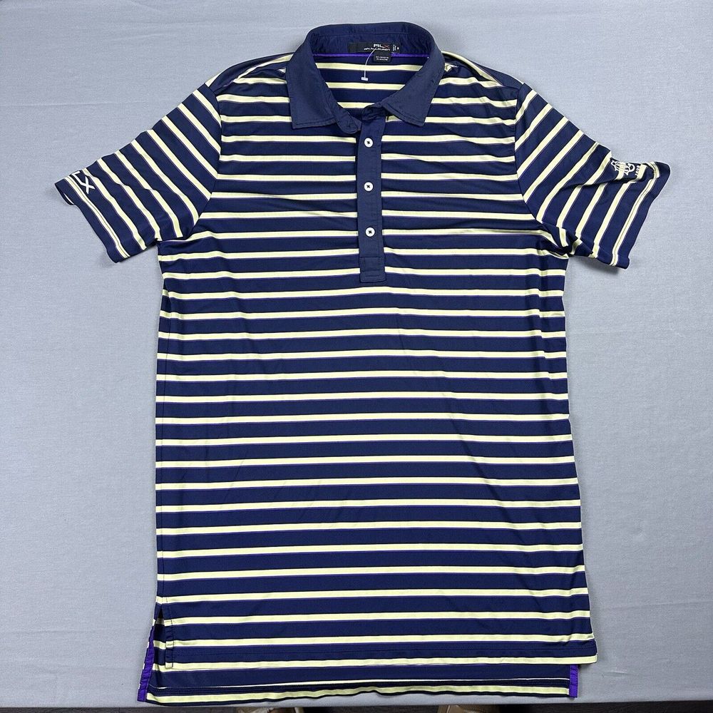 RLX Ralph Lauren Golf Polo Shirt Mens M Blue Gold Striped Short Sleeve Athletic